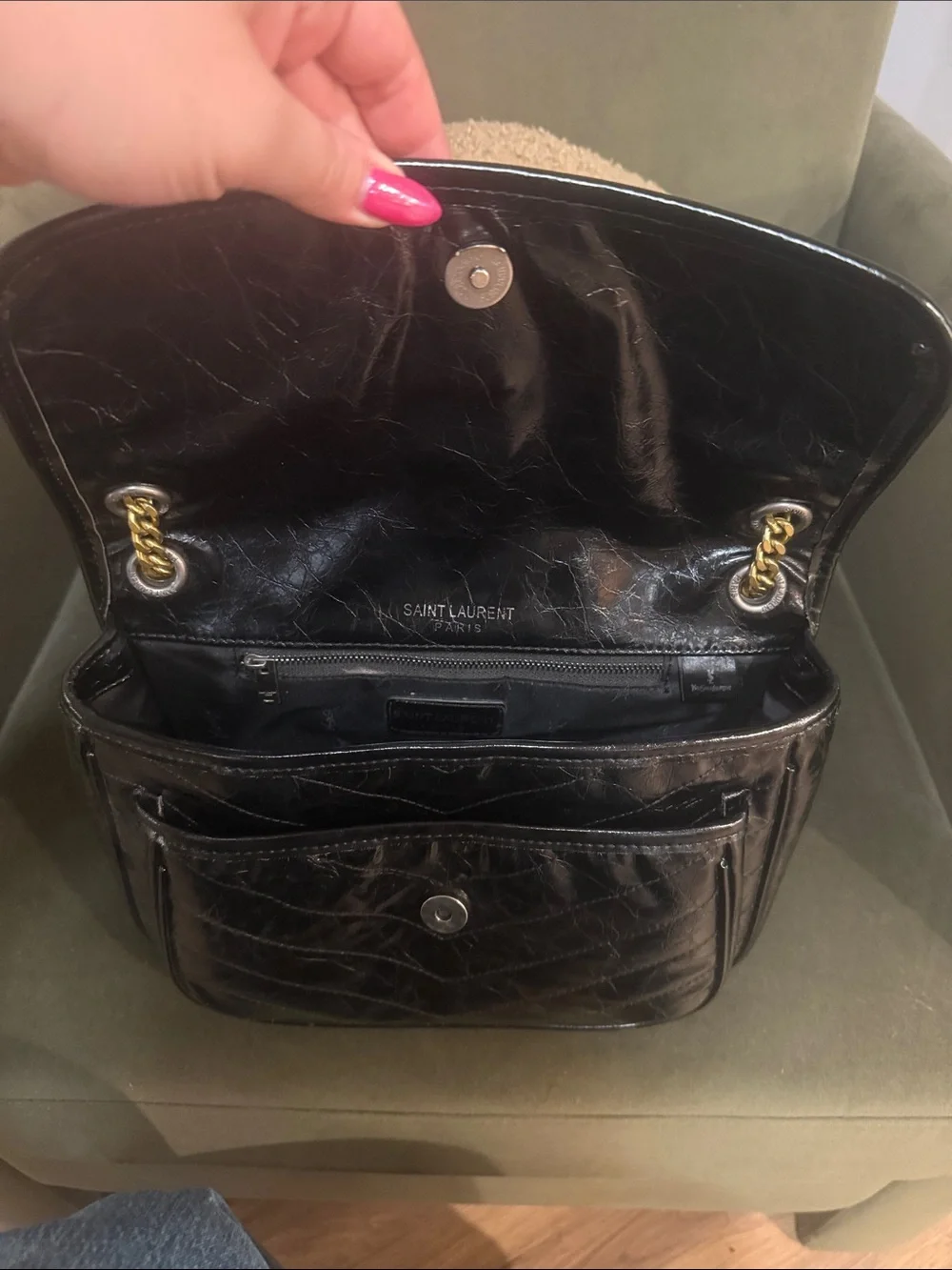 YSL Black Leather Shoulder Bag with Gold Chain